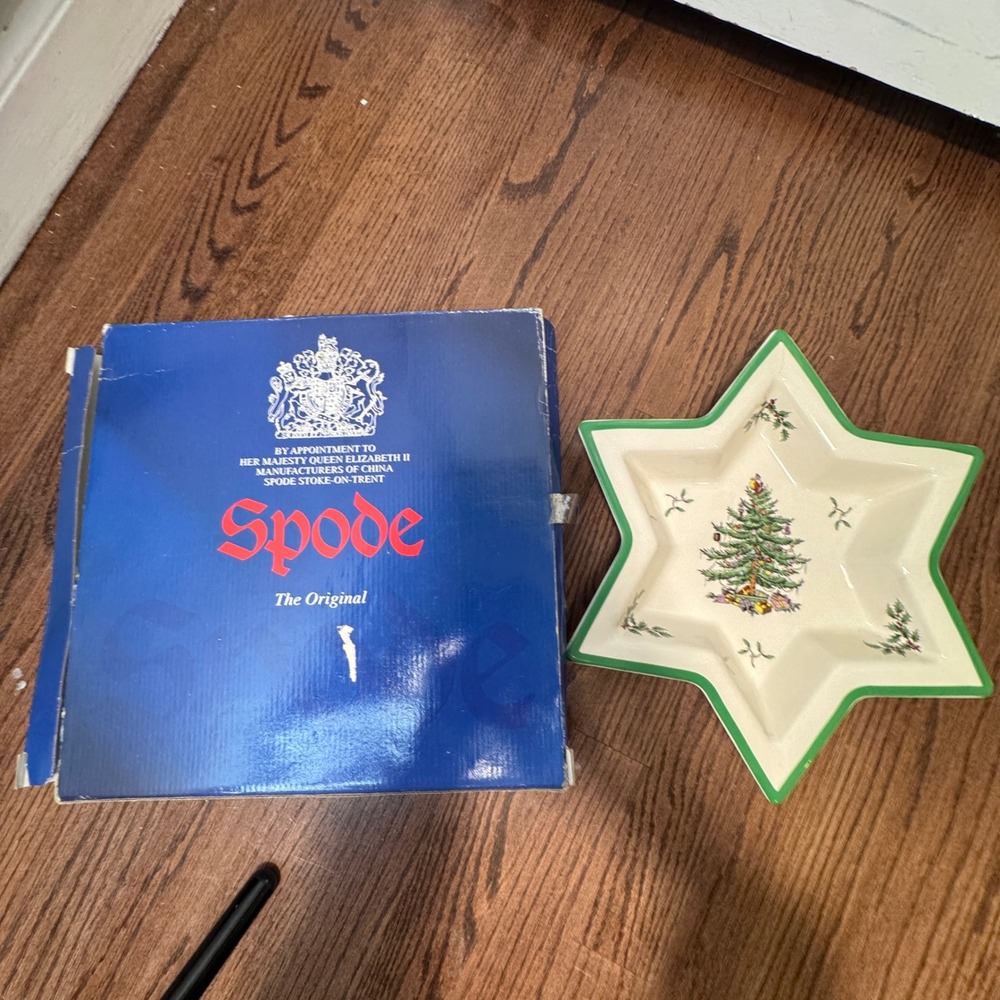 Vtg Spode Christmas Tree Star Bowl England 80s Serving Dish Green Trim 12 in